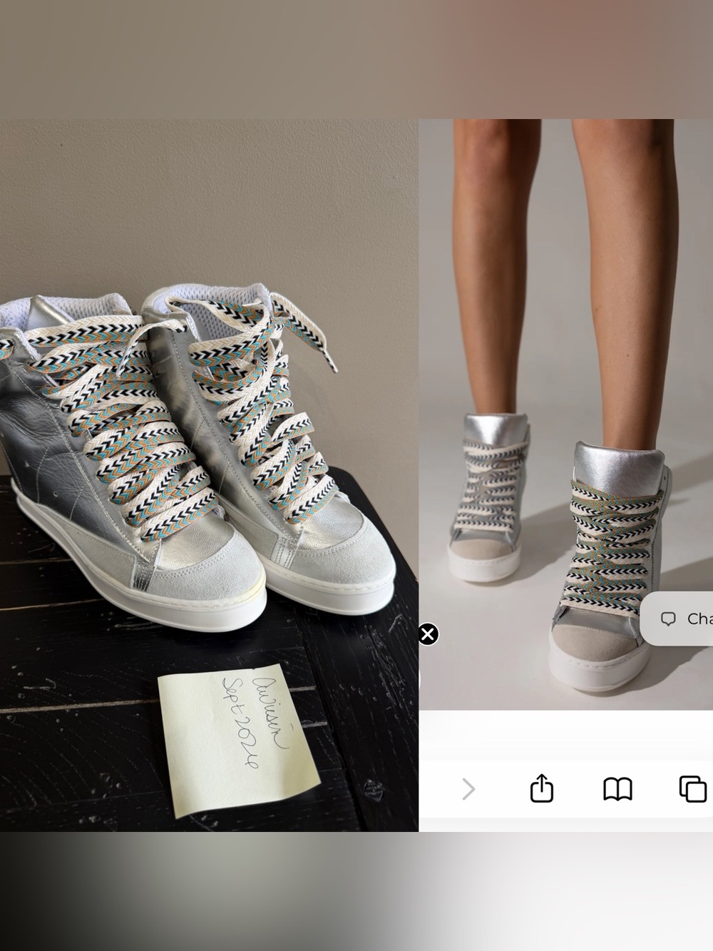 Cynthia Richard Wedge Sneakers size 38. Metallic silver w/ Patterned laces